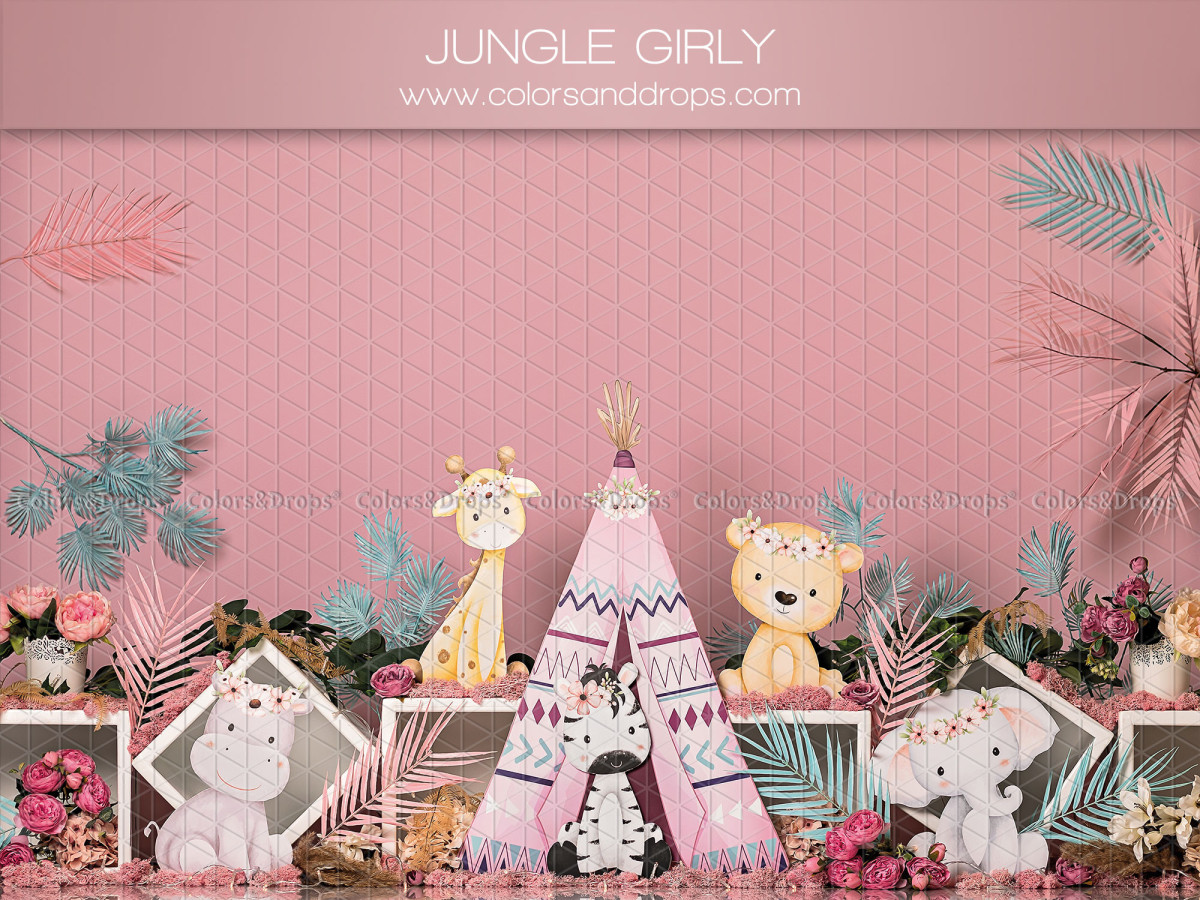 Fond photo bébé et smash cake Jungle Girly – tipi et animaux de la jungle en peluche sur fond rose | Colors&Drops