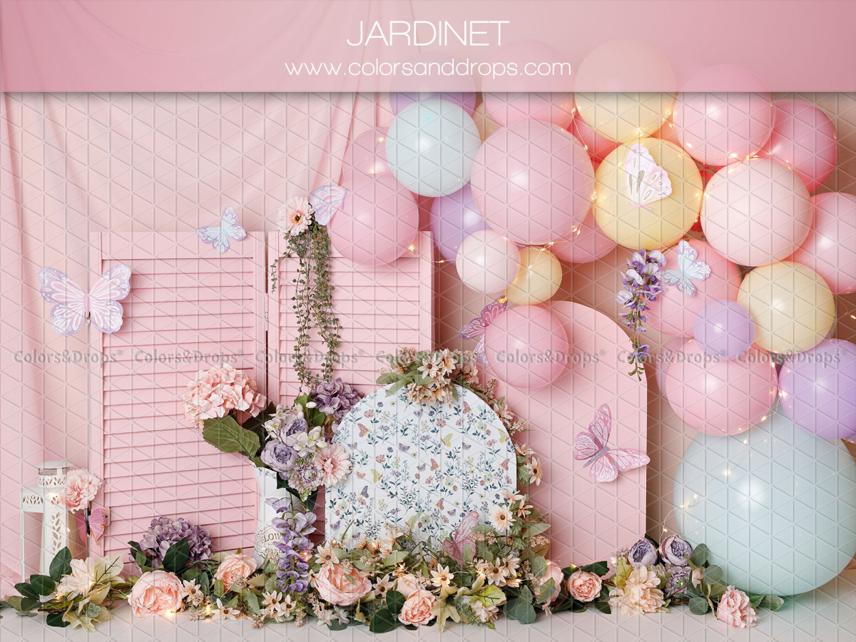 Fond photo bébé et smash cake Jardinet – jardinet avec paravent, ballons et fleurs | Colors&Drops