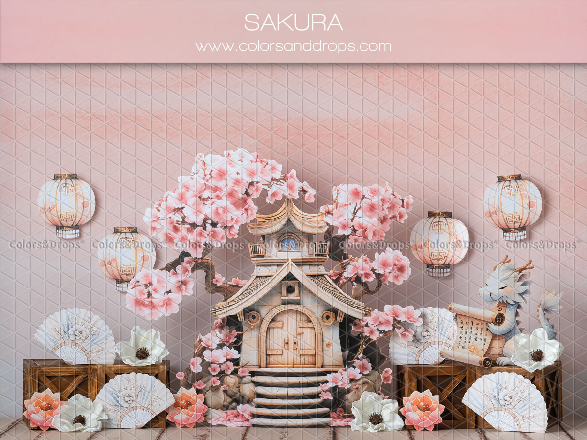 Fond photo bébé et smash cake Sakura – pagode japonaise avec cerisiers et lanternes | Colors&Drops