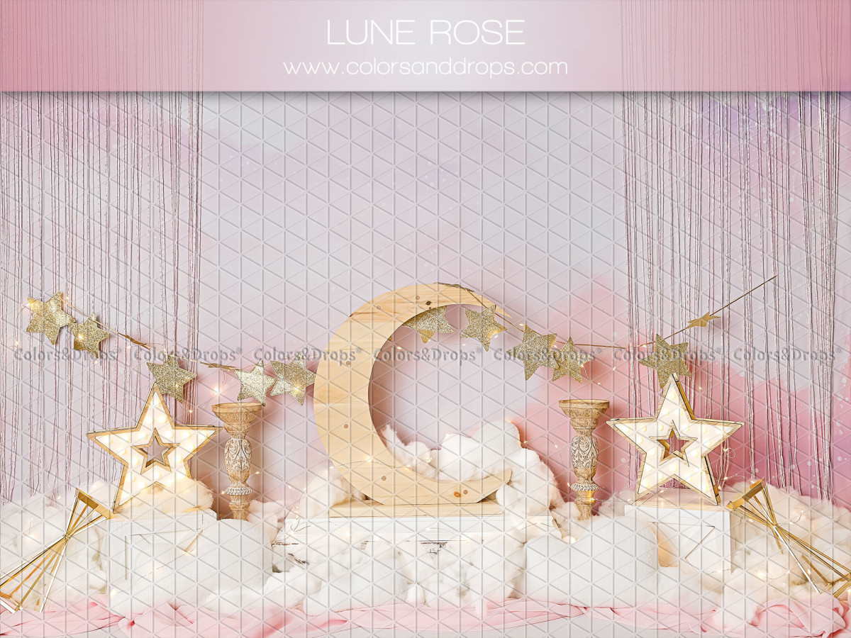 Fond photo bébé et smash cake Lune Rose – lune dorée et étoiles avec rideau argenté | Colors&Drops