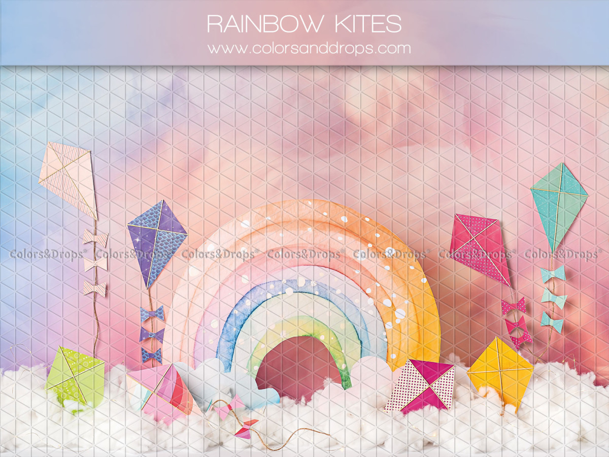 Fondo fotográfico de bebé y smash cake Rainbow Kites – arcoíris y cometas sobre fondo de acuarela | Colors&Drops