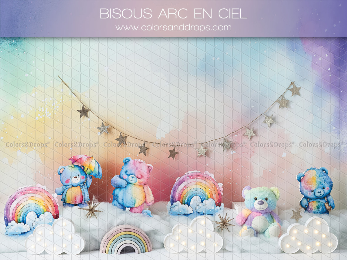 Baby & cake smash photo backdrop Bisous Arc en Ciel – colourful teddy bears with rainbows and garland | Colors&Drops