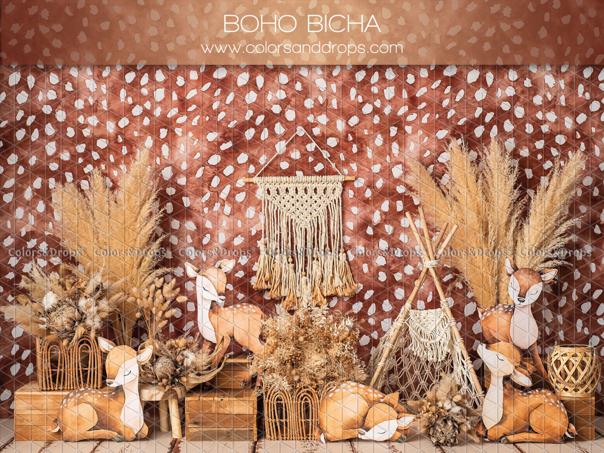 Fondo fotográfico de bebé y smash cake Boho Bicha – decorado bohemio con zorros, pampa y macramé | Colors&Drops