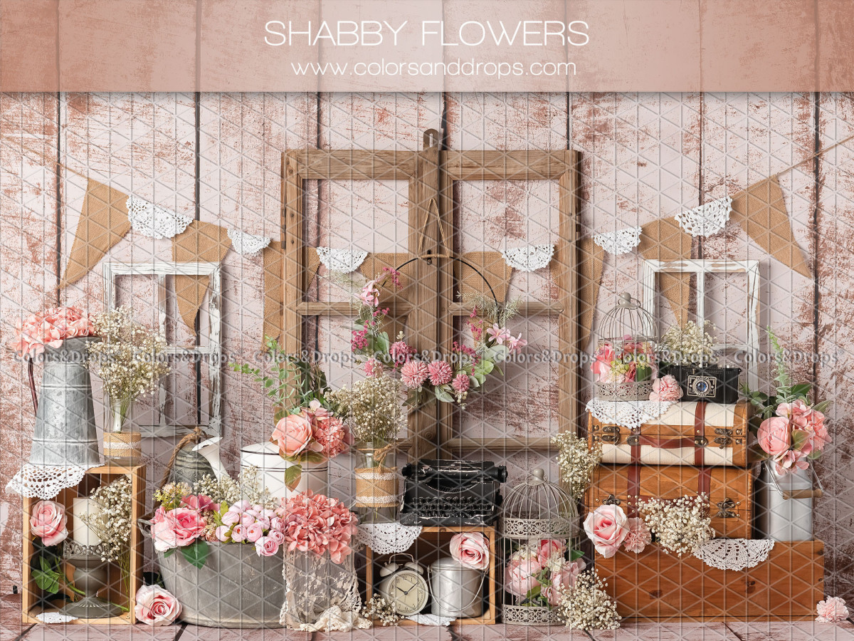 Baby & cake smash photo backdrop Shabby Flowers – shabby chic set with old windows and roses | Colors&Drops