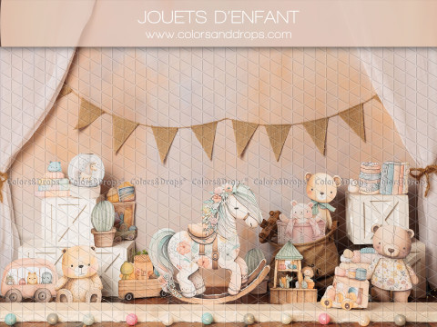 Fondo fotográfico de bebé y smash cake Jouets D'Enfant – juguetes antiguos con caballo balancín y banderines | Colors&Drops