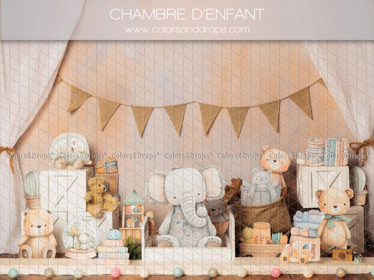 Fond photo bébé et smash cake Chambre D'Enfant – chambre d'enfant avec éléphant et ours en peluche | Colors&Drops