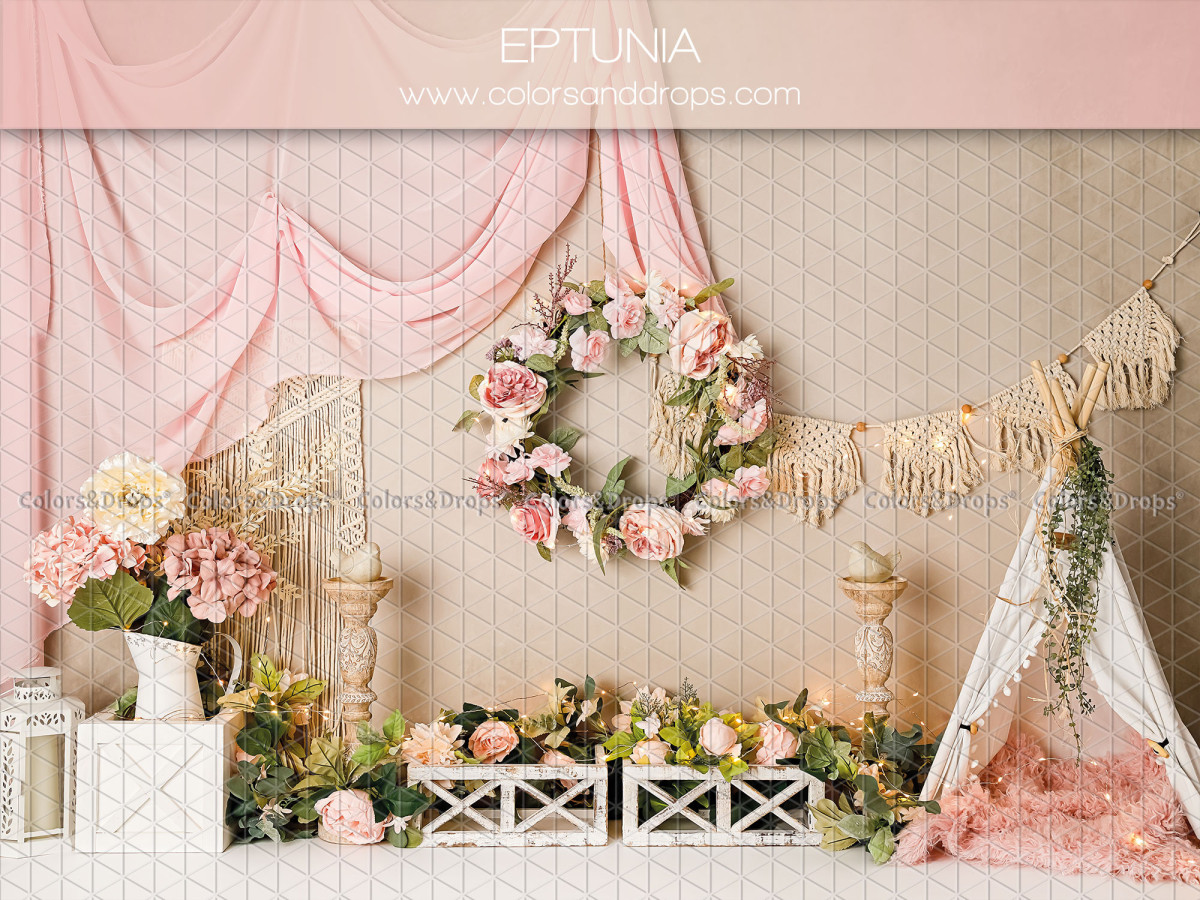 Baby & cake smash photo backdrop Eptunia – pink boho set with flower wreath and teepee | Colors&Drops