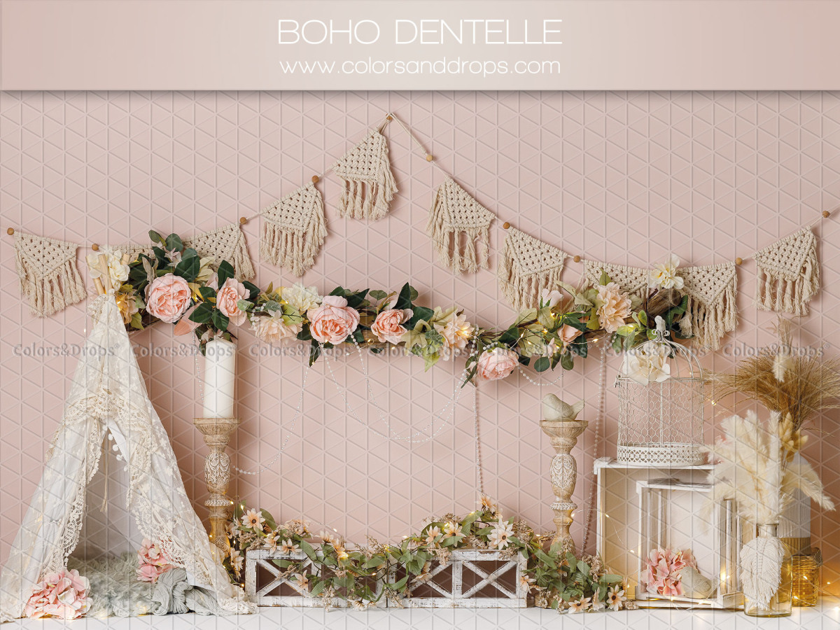 Fondo fotográfico de bebé y smash cake Boho Dentelle – decorado bohemio de encaje con tipi y guirnalda floral | Colors&Drops