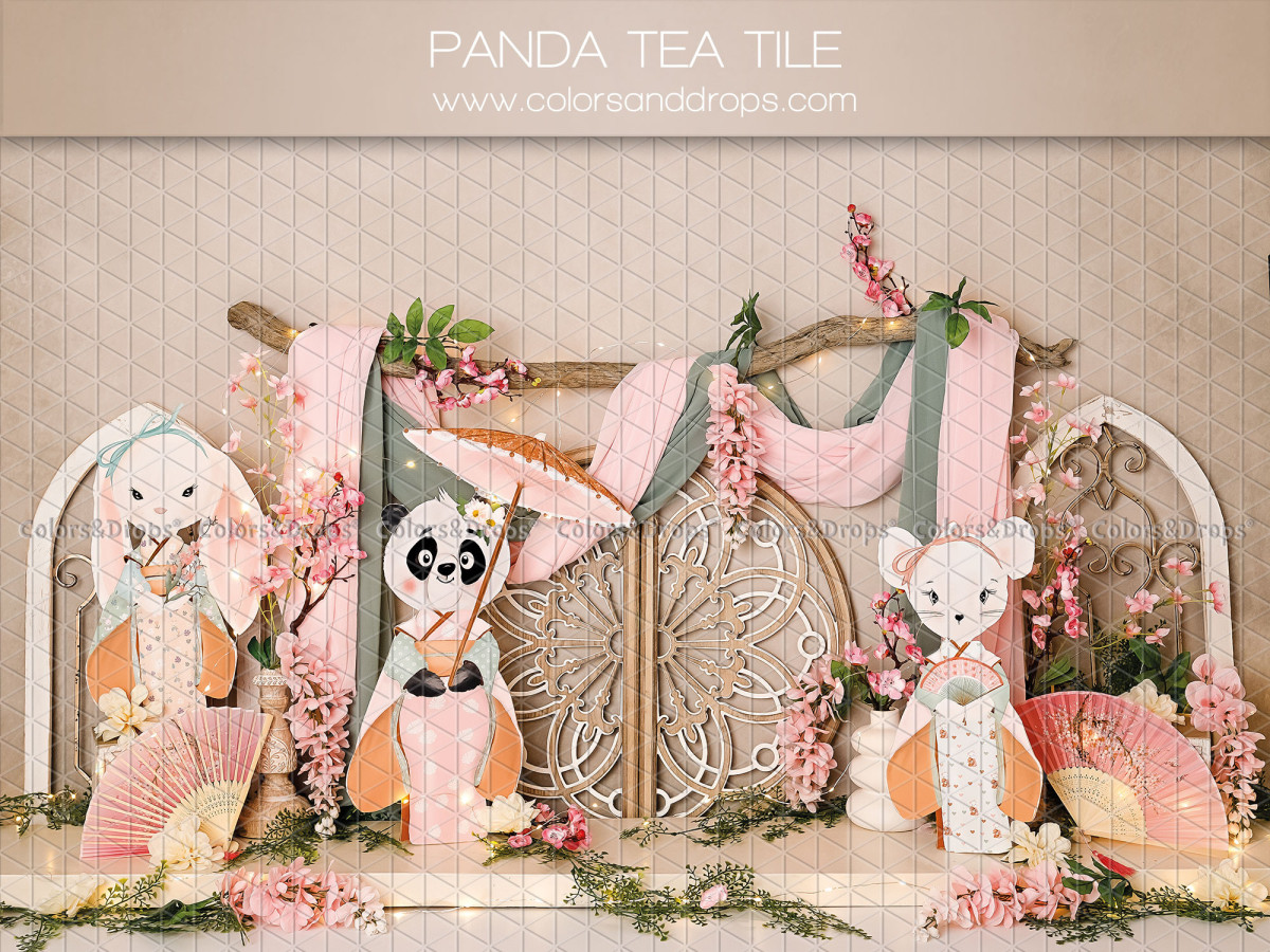 Fondo fotográfico de bebé y smash cake Panda Tea Time – animales de peluche con biombos y abanicos rosas | Colors&Drops