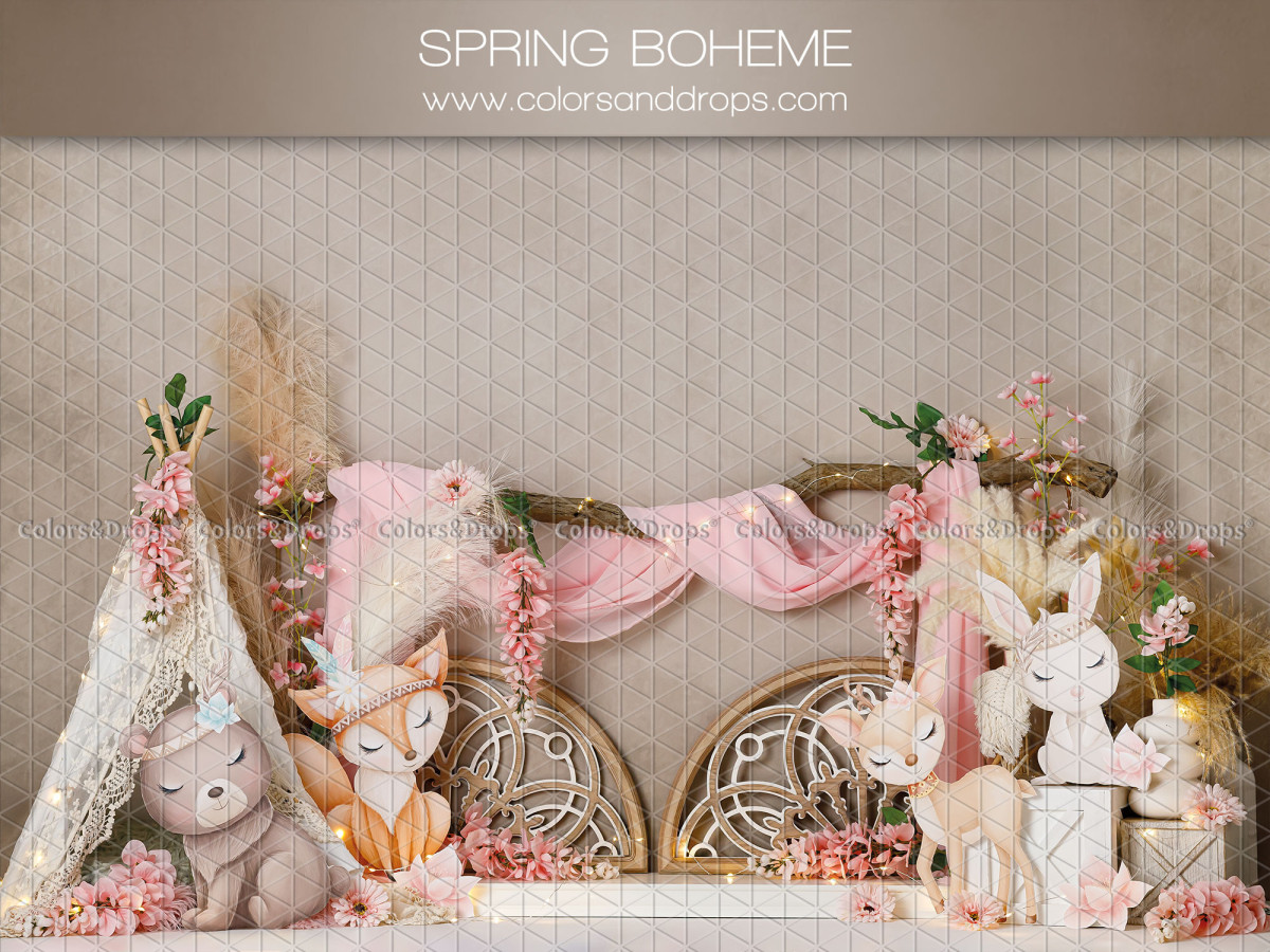 Fondo fotográfico de bebé y smash cake Spring Boheme – animales del bosque de peluche con tipi y drapeados rosas | Colors&Drops