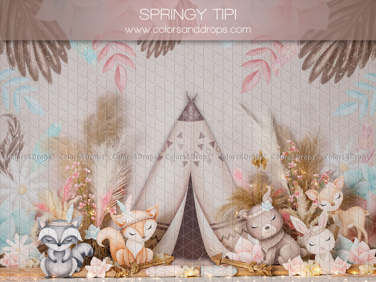 Fondo fotográfico de bebé y smash cake Spring Tipi – tipi con animales de peluche y hojas de palmera | Colors&Drops