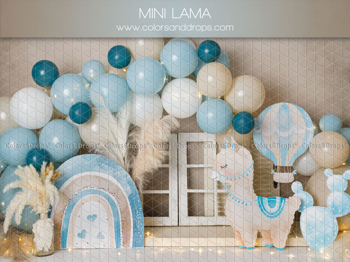 Fond photo bébé et smash cake Mini Lama – lama en peluche avec ballons bleus et arc-en-ciel | Colors&Drops