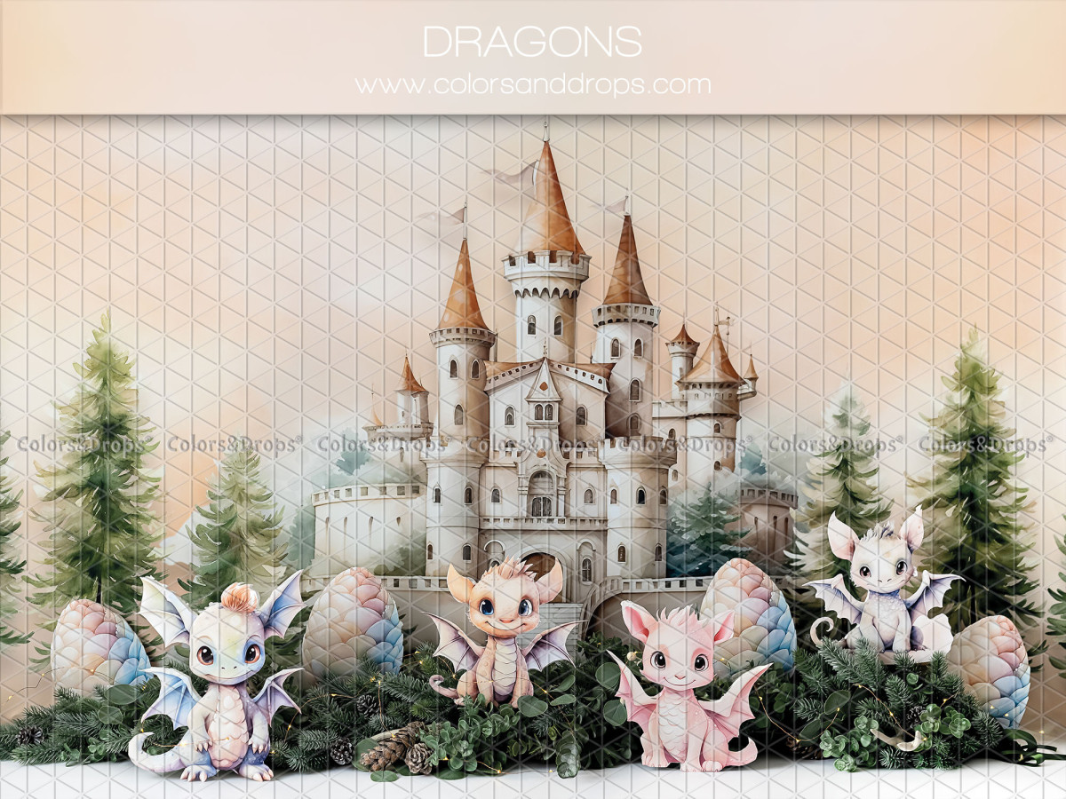 Fond photo bébé et smash cake Dragons – château avec petits dragons en peluche et sapins | Colors&Drops