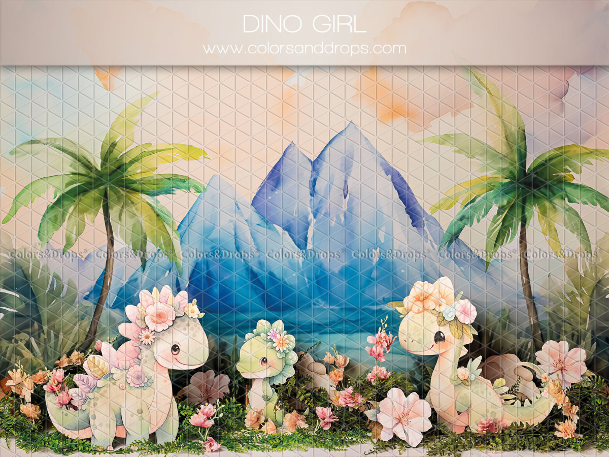 Fondo fotográfico de bebé y smash cake Dino Girl – dinosaurios pastel con palmeras y montañas de acuarela | Colors&Drops