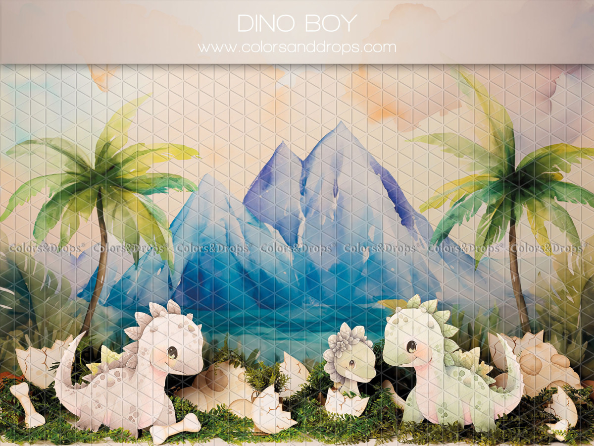 Fondo fotográfico de bebé y smash cake Dino Boy – dinosaurios blancos con palmeras y montañas azules | Colors&Drops