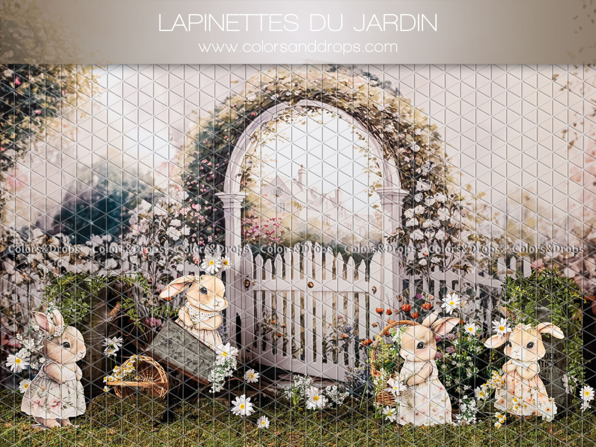 Easter photo backdrop Lapinettes du Jardin – plush girl bunnies in garden with arch and gate | Colors&Drops