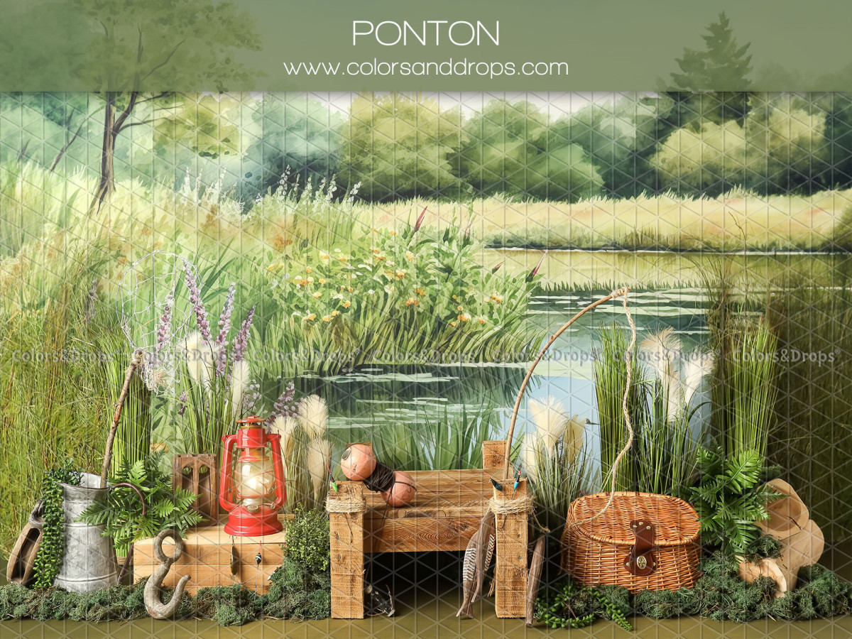 Fond photo bébé et smash cake Ponton – ponton au bord d'un étang avec lanterne et panier | Colors&Drops