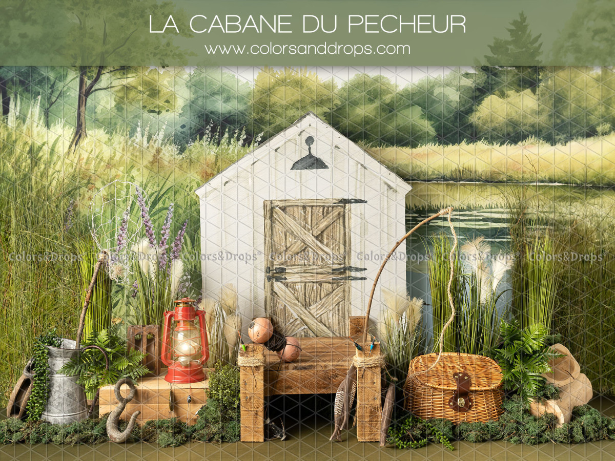 Fond photo bébé et smash cake La Cabane du Pecheur – cabane de pêcheur blanche au bord d'un étang | Colors&Drops