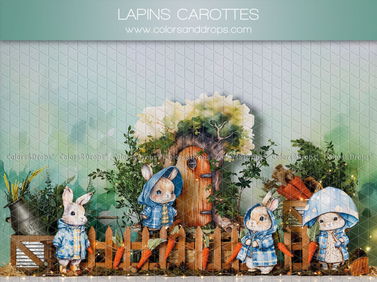 Easter photo backdrop Lapins Carottes – plush bunnies with carrots and mushroom house | Colors&Drops