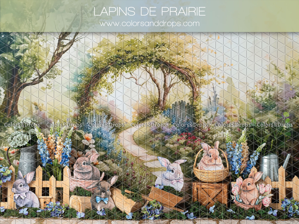 Fond photo de Pâques Lapins de Prairie – lapins en peluche dans une prairie fleurie aquarelle | Colors&Drops