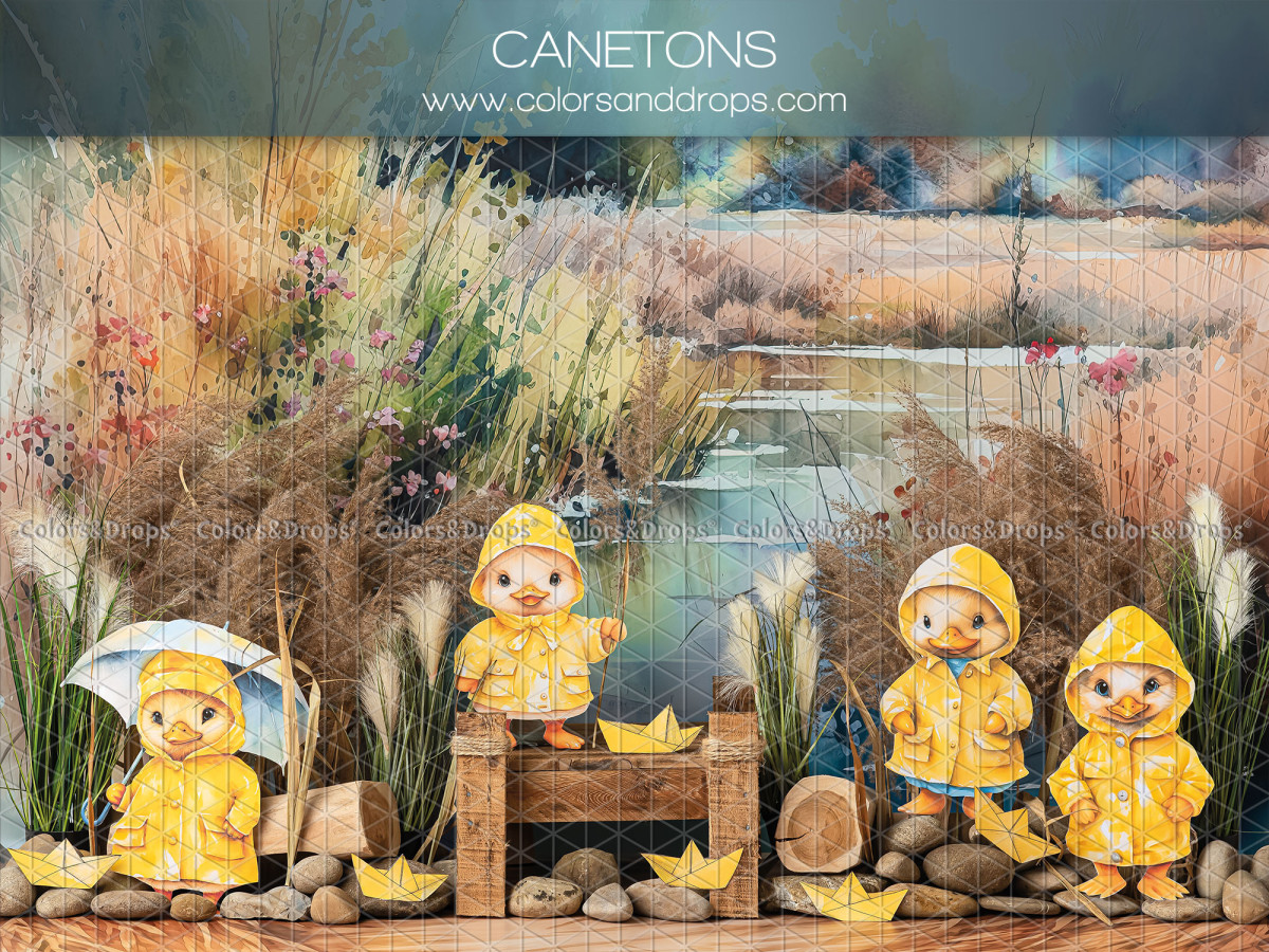 Baby & cake smash photo backdrop Canetons – ducklings in yellow raincoats by a pond | Colors&Drops