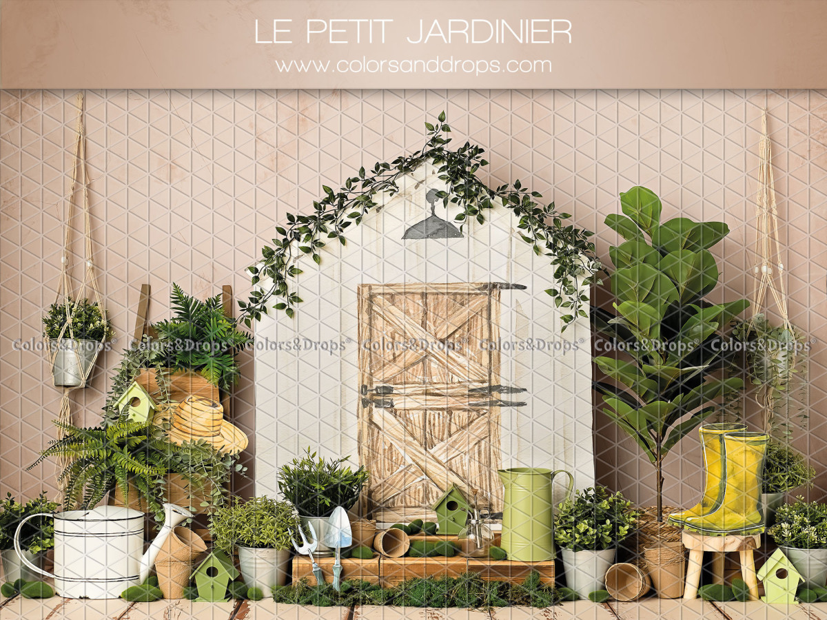 Fond photo bébé et smash cake Le Petit Jardinier – petit jardinier avec abri, plantes et bottes jaunes | Colors&Drops