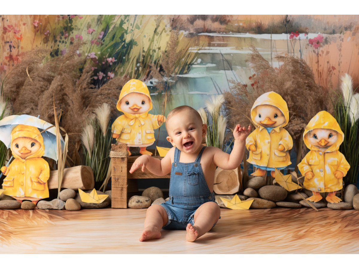 Fond photo bébé et smash cake Canetons – canetons en ciré jaune au bord d'un étang | Colors&Drops