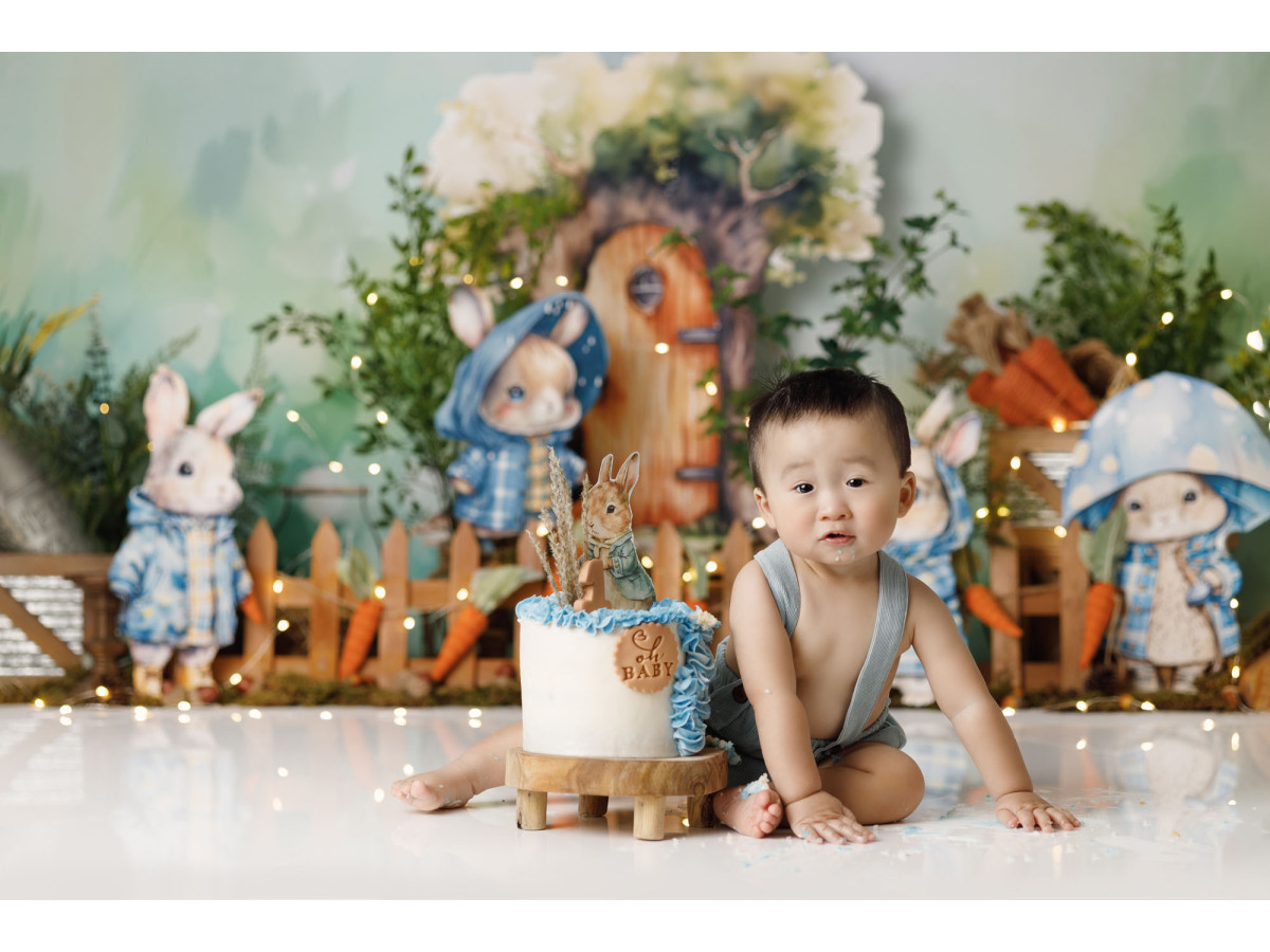 Easter photo backdrop Lapins Carottes – plush bunnies with carrots and mushroom house | Colors&Drops