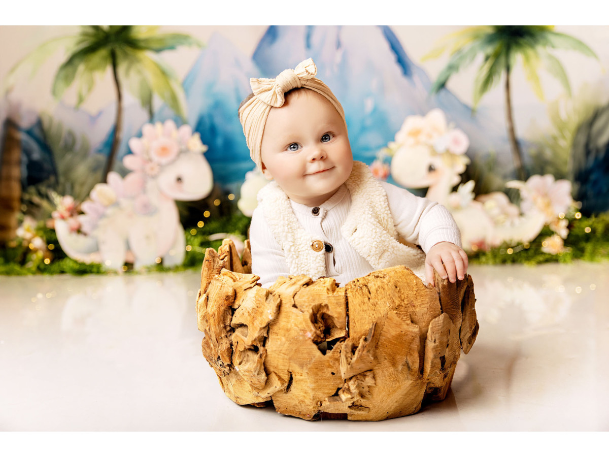 Fondo fotográfico de bebé y smash cake Dino Girl – dinosaurios pastel con palmeras y montañas de acuarela | Colors&Drops