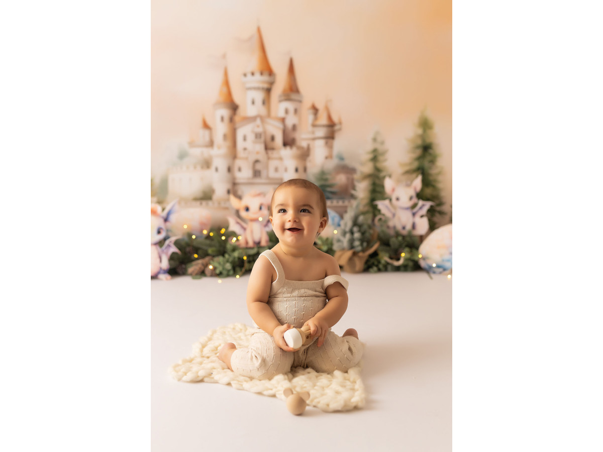 Fond photo bébé et smash cake Dragons – château avec petits dragons en peluche et sapins | Colors&Drops