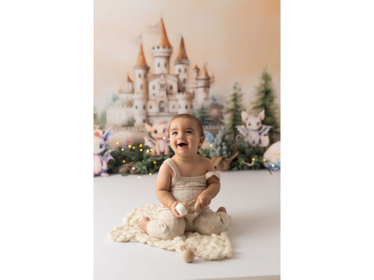Fond photo bébé et smash cake Dragons – château avec petits dragons en peluche et sapins | Colors&Drops
