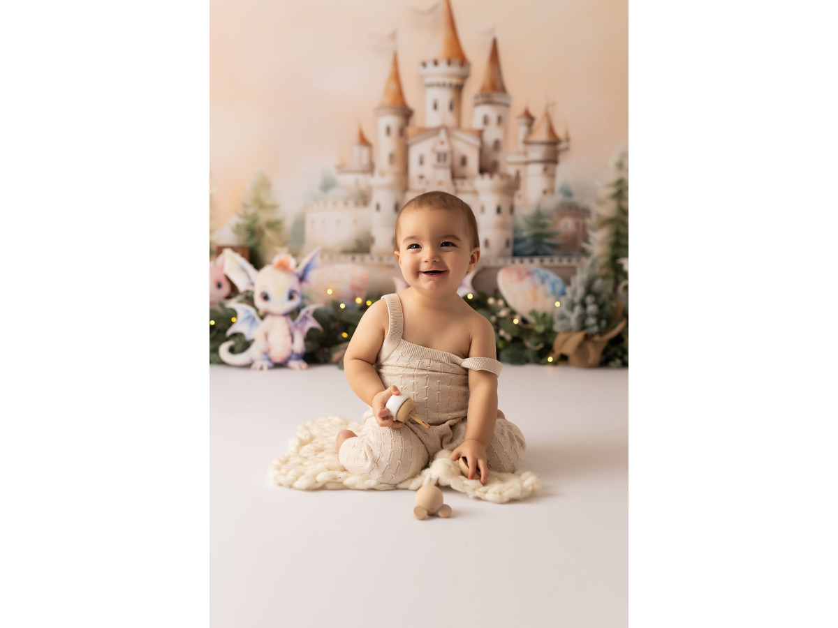 Fond photo bébé et smash cake Dragons – château avec petits dragons en peluche et sapins | Colors&Drops