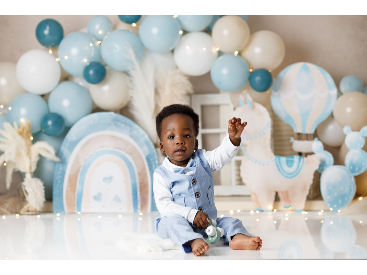 Fond photo bébé et smash cake Mini Lama – lama en peluche avec ballons bleus et arc-en-ciel | Colors&Drops
