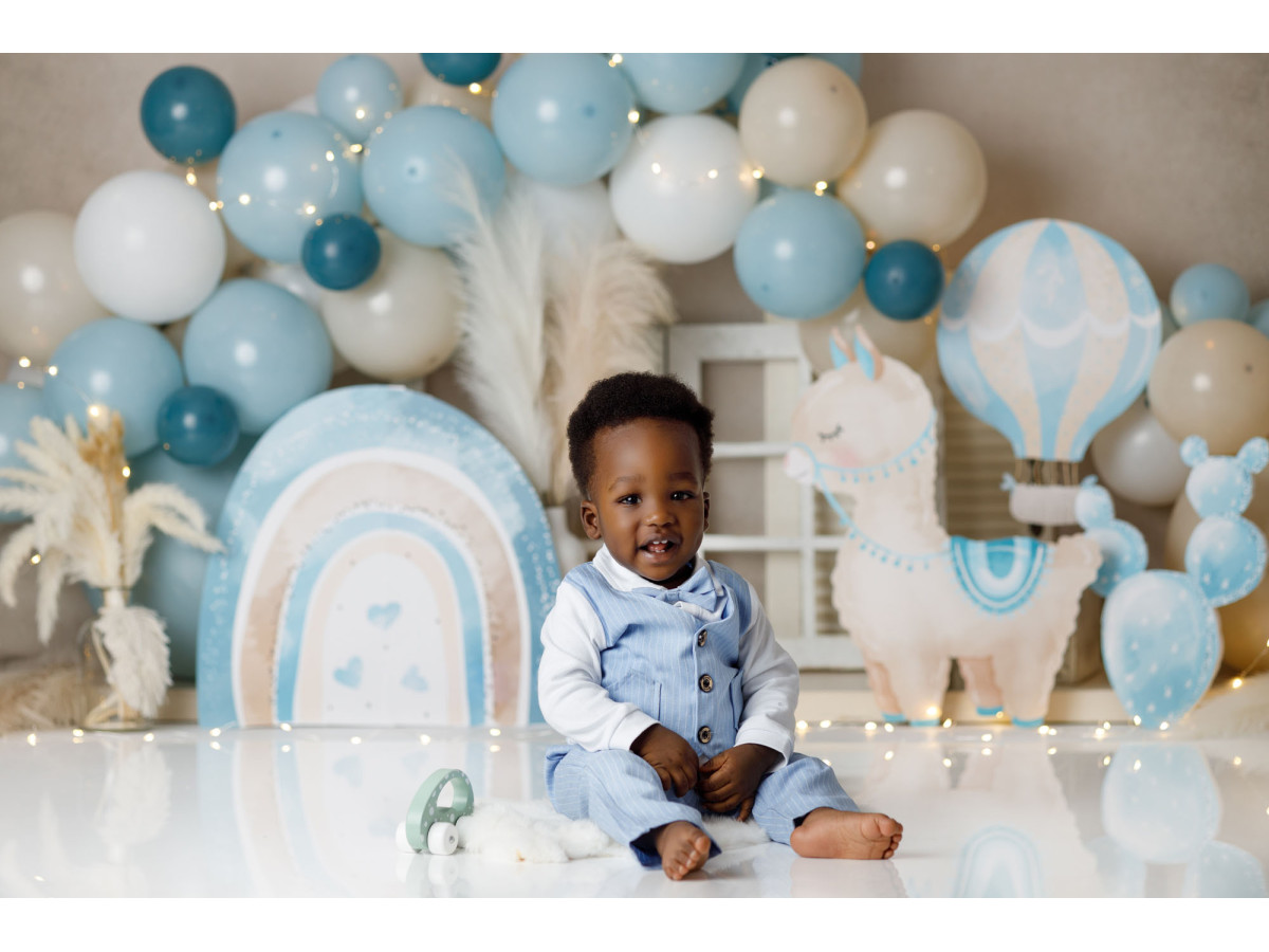 Fond photo bébé et smash cake Mini Lama – lama en peluche avec ballons bleus et arc-en-ciel | Colors&Drops
