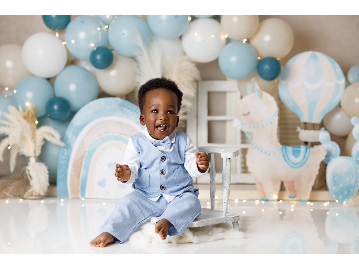 Fond photo bébé et smash cake Mini Lama – lama en peluche avec ballons bleus et arc-en-ciel | Colors&Drops