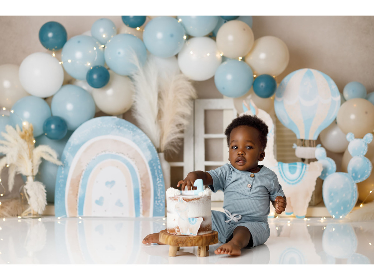 Fond photo bébé et smash cake Mini Lama – lama en peluche avec ballons bleus et arc-en-ciel | Colors&Drops