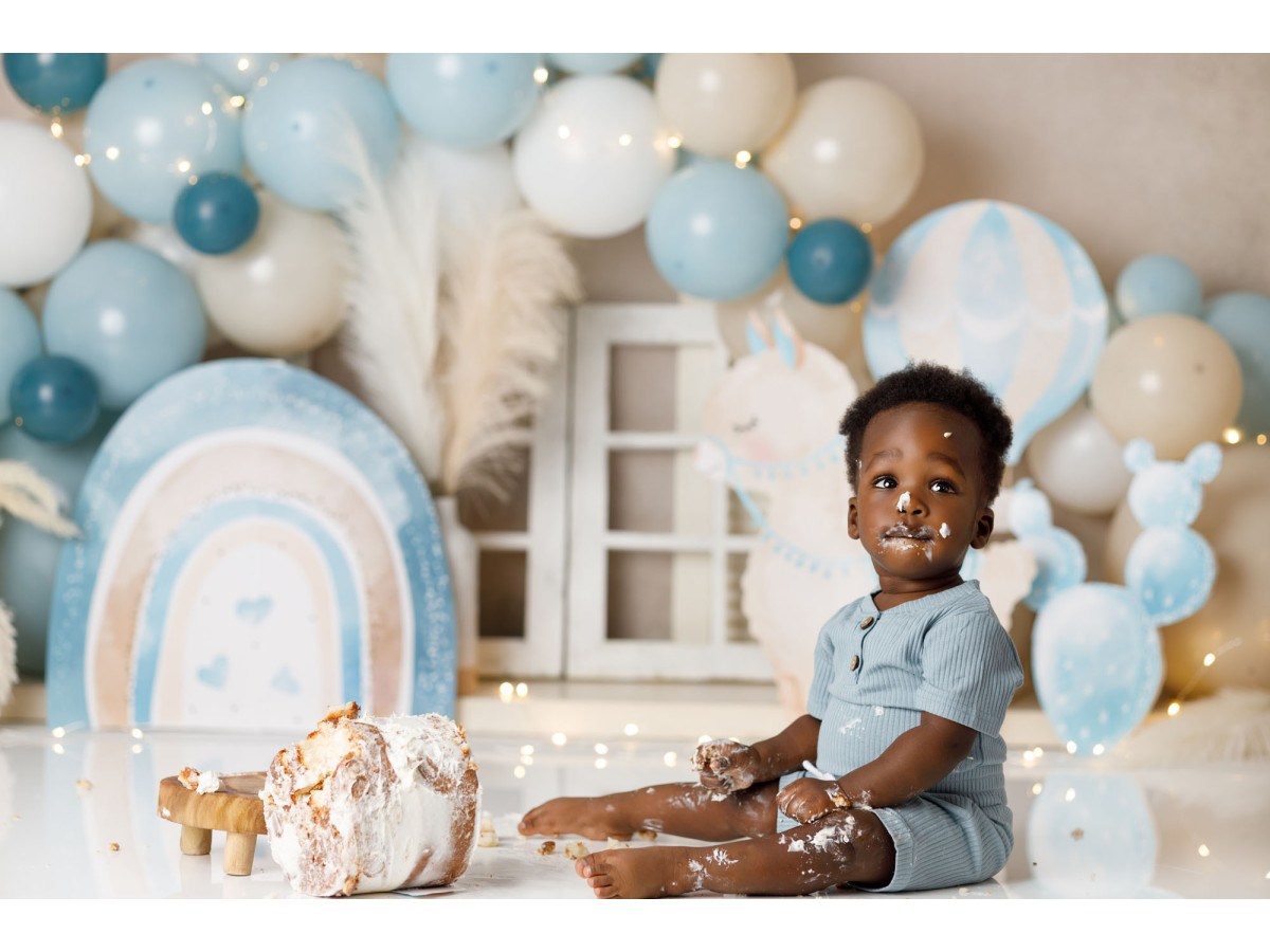 Fond photo bébé et smash cake Mini Lama – lama en peluche avec ballons bleus et arc-en-ciel | Colors&Drops