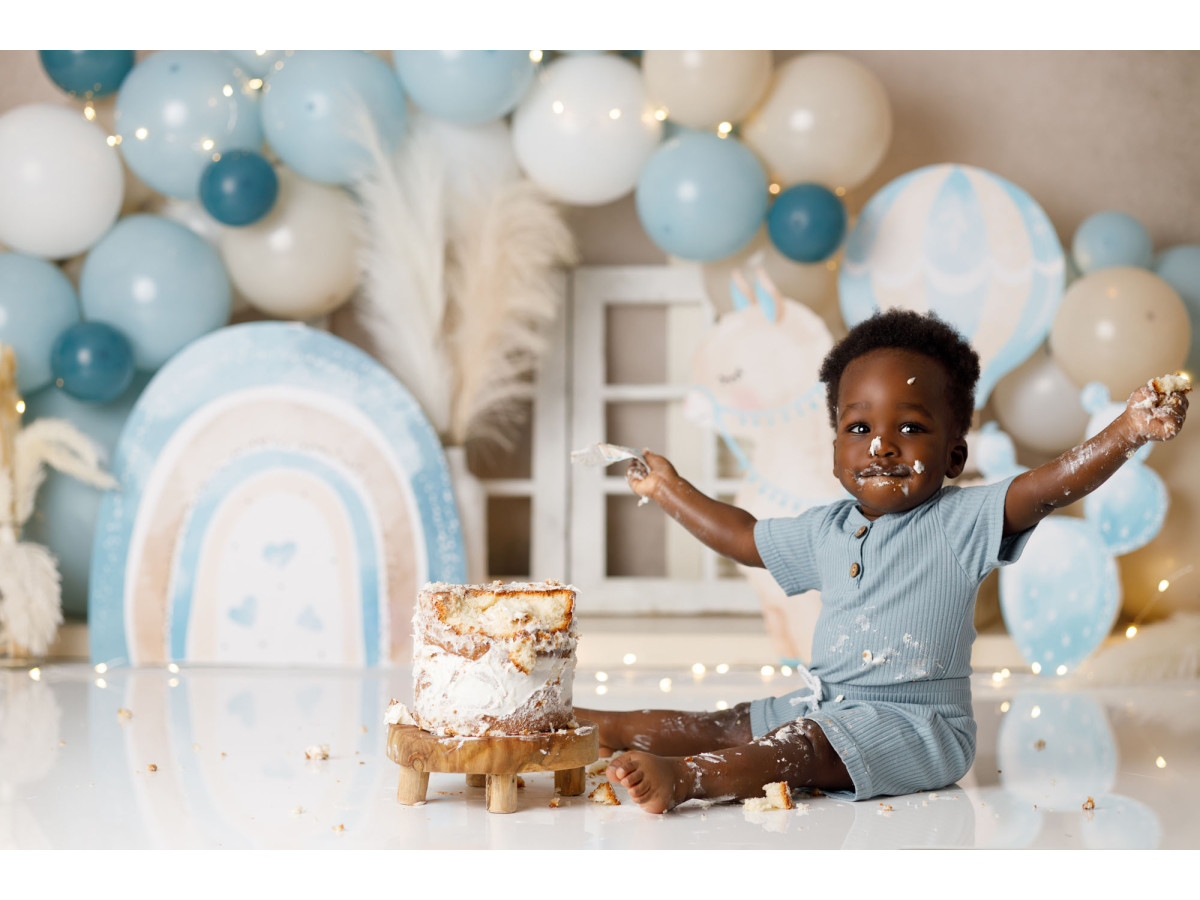 Fond photo bébé et smash cake Mini Lama – lama en peluche avec ballons bleus et arc-en-ciel | Colors&Drops