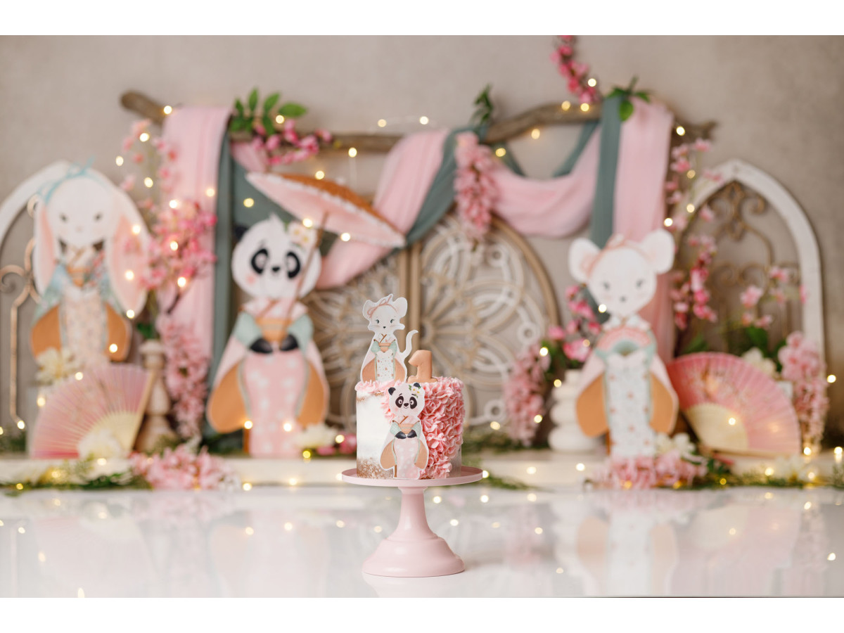 Fondo fotográfico de bebé y smash cake Panda Tea Time – animales de peluche con biombos y abanicos rosas | Colors&Drops