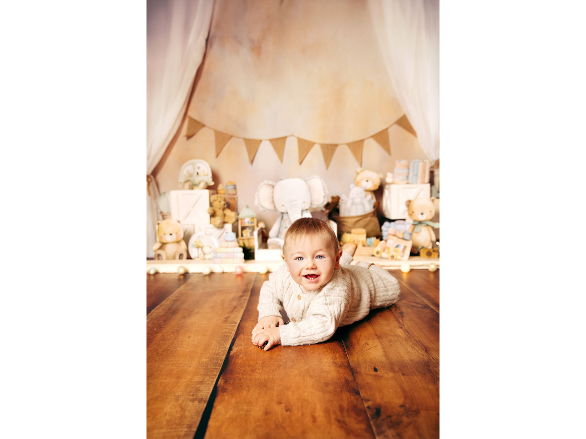 Fond photo bébé et smash cake Chambre D'Enfant – chambre d'enfant avec éléphant et ours en peluche | Colors&Drops