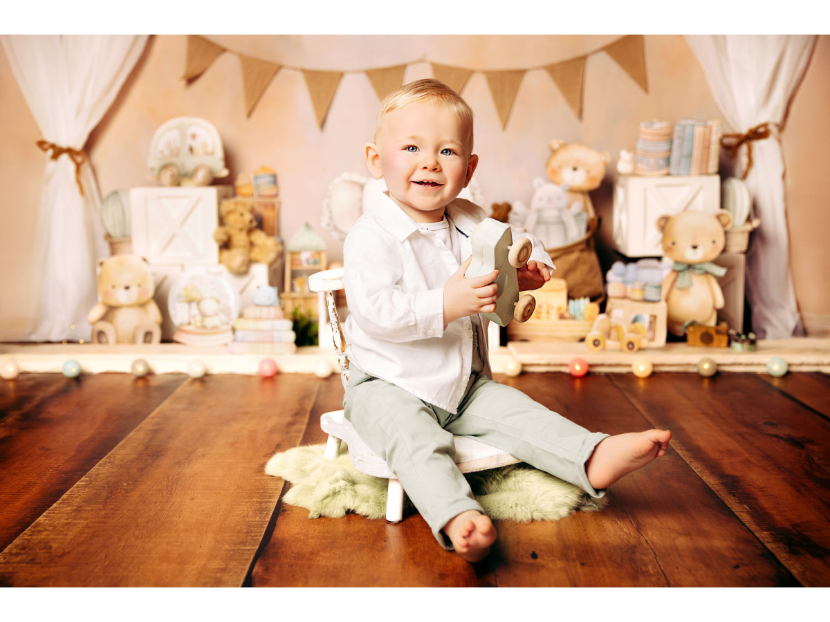 Fond photo bébé et smash cake Chambre D'Enfant – chambre d'enfant avec éléphant et ours en peluche | Colors&Drops