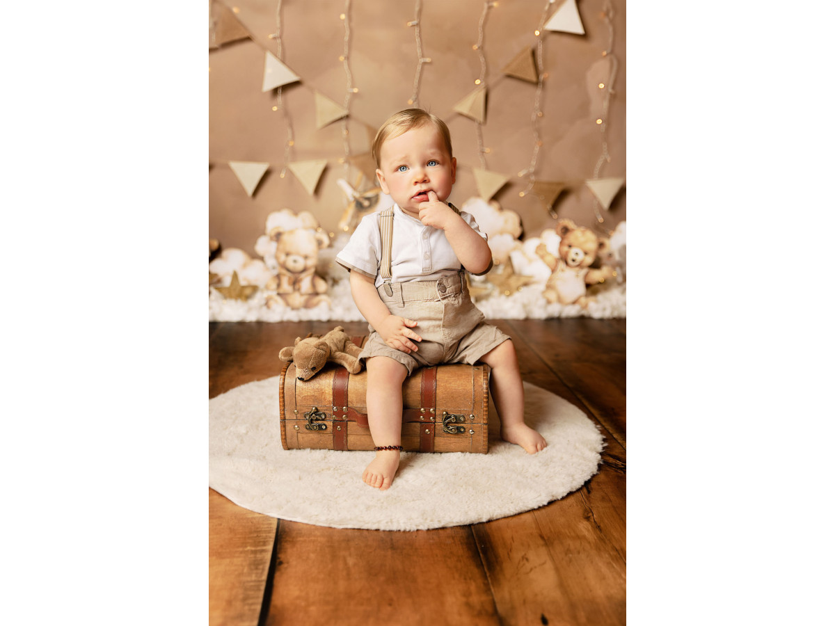 Fond photo bébé et smash cake Teddy Aviateur – ours aviateurs en peluche avec fanions et nuages | Colors&Drops