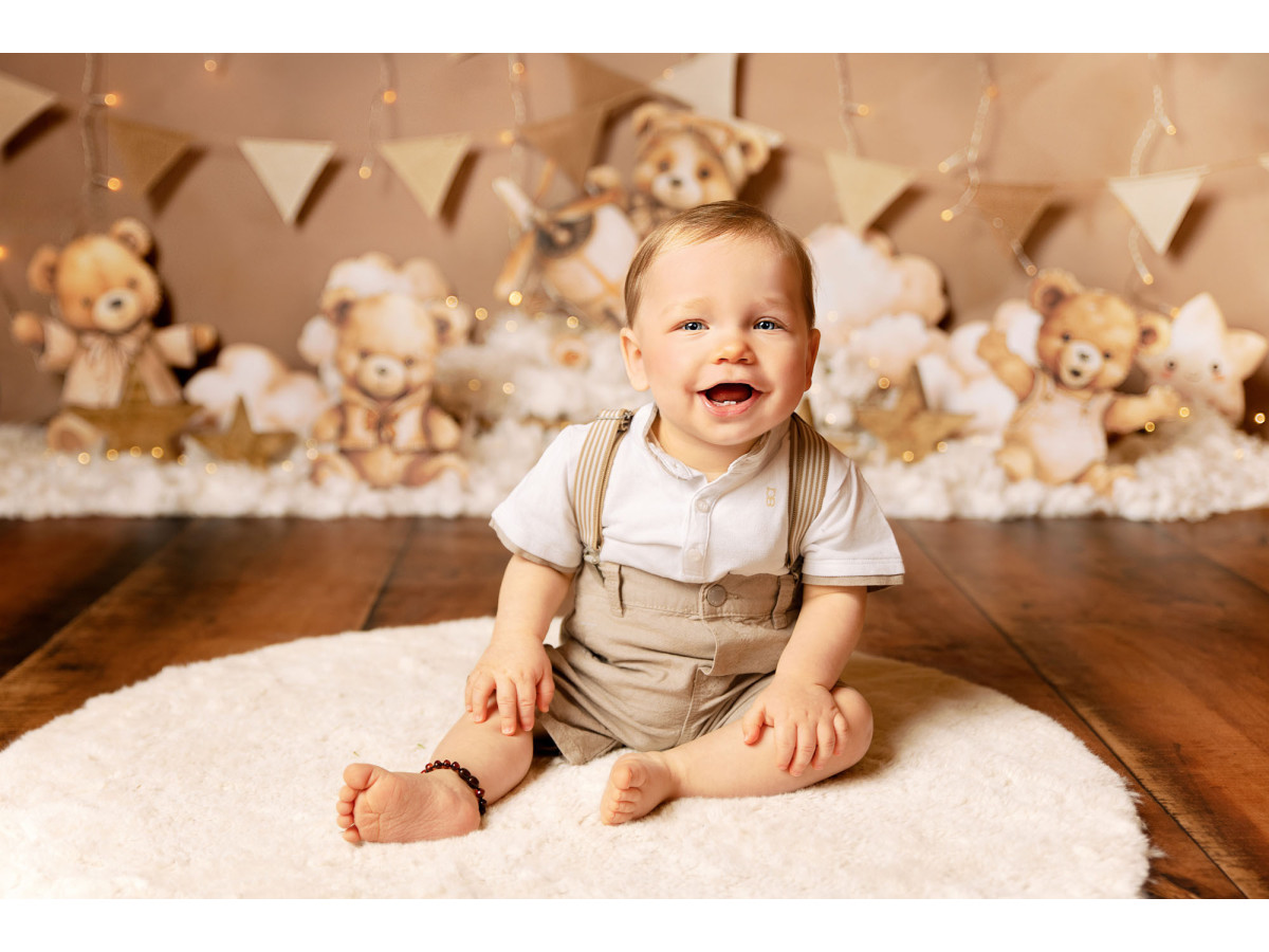 Baby & cake smash photo backdrop Teddy Aviateur – plush aviator bears with bunting and clouds | Colors&Drops
