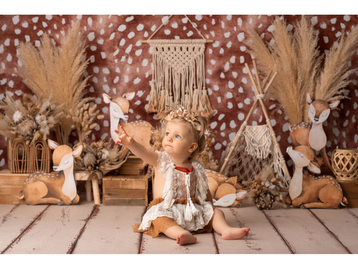 Fondo fotográfico de bebé y smash cake Boho Bicha – decorado bohemio con zorros, pampa y macramé | Colors&Drops
