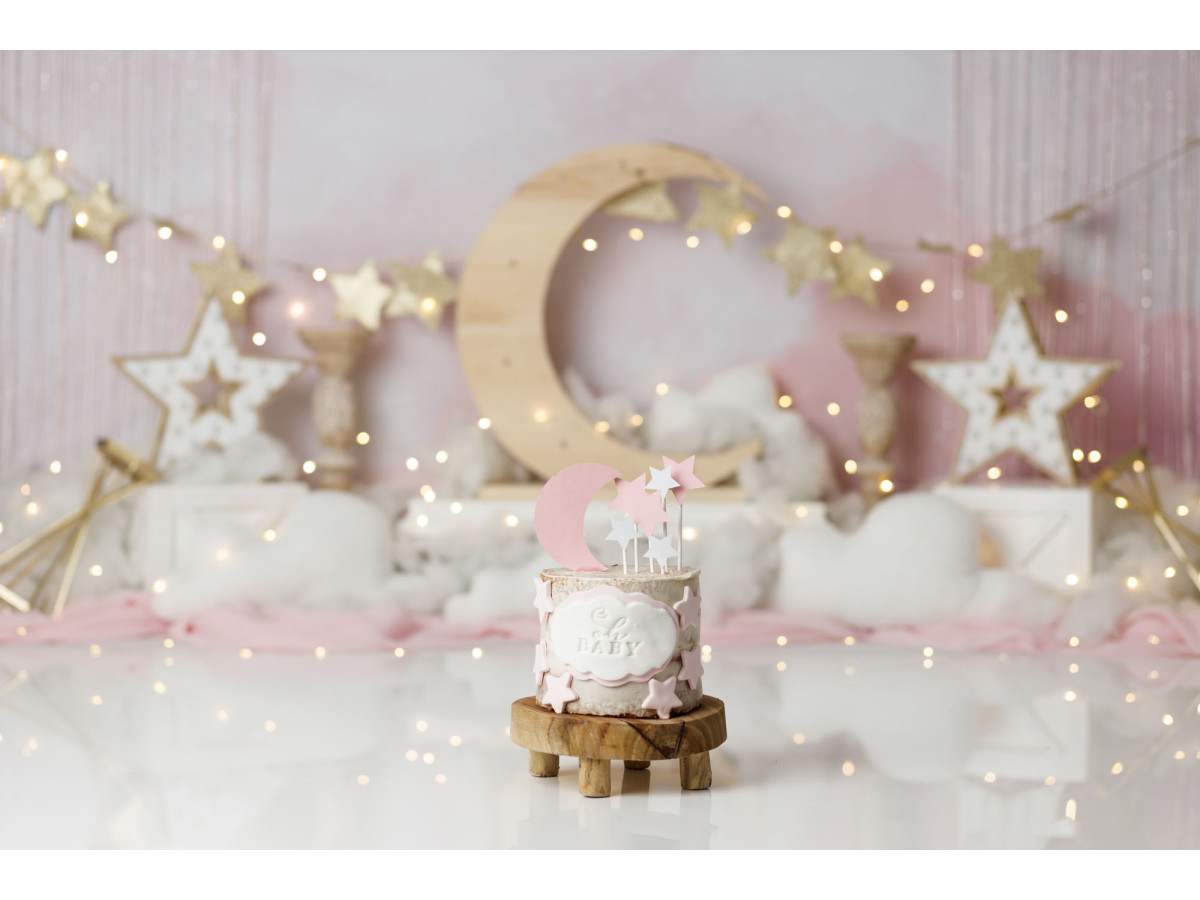 Fond photo bébé et smash cake Lune Rose – lune dorée et étoiles avec rideau argenté | Colors&Drops
