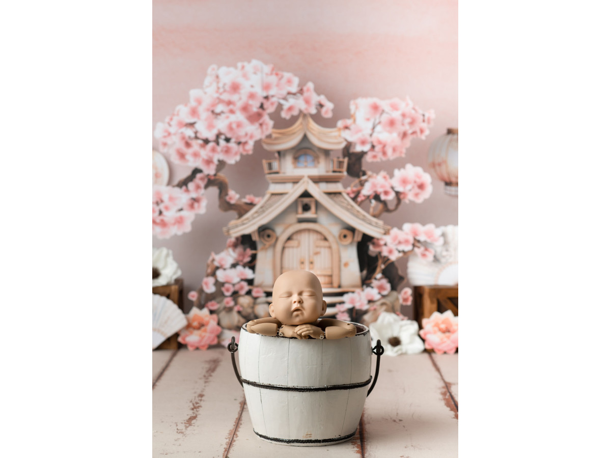 Fond photo bébé et smash cake Sakura – pagode japonaise avec cerisiers et lanternes | Colors&Drops