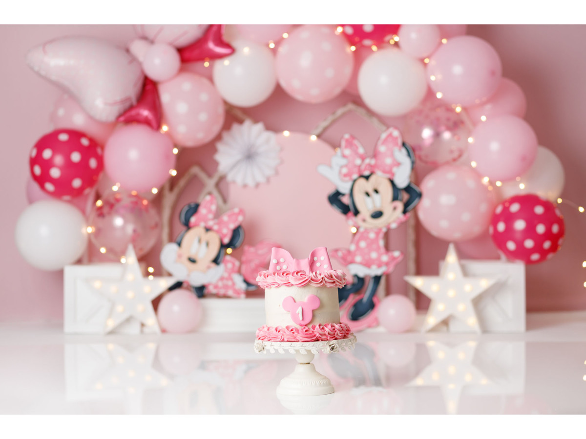 Fondo fotográfico de bebé y smash cake Minie Ballons – globos rosas y rojos de lunares con arcos y estrellas | Colors&Drops