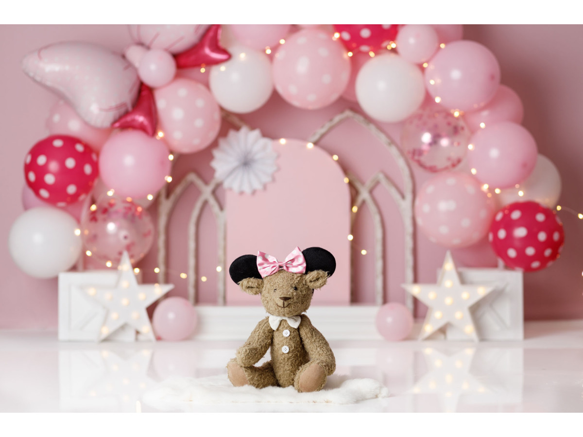 Fondo fotográfico de bebé y smash cake Minie Ballons – globos rosas y rojos de lunares con arcos y estrellas | Colors&Drops