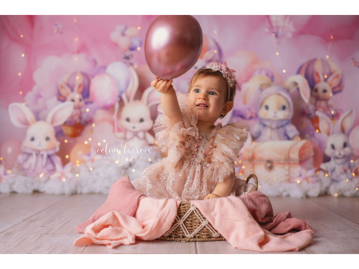 Fond photo bébé et smash cake Lapin des Nuages – lapins en peluche dans les nuages roses | Colors&Drops