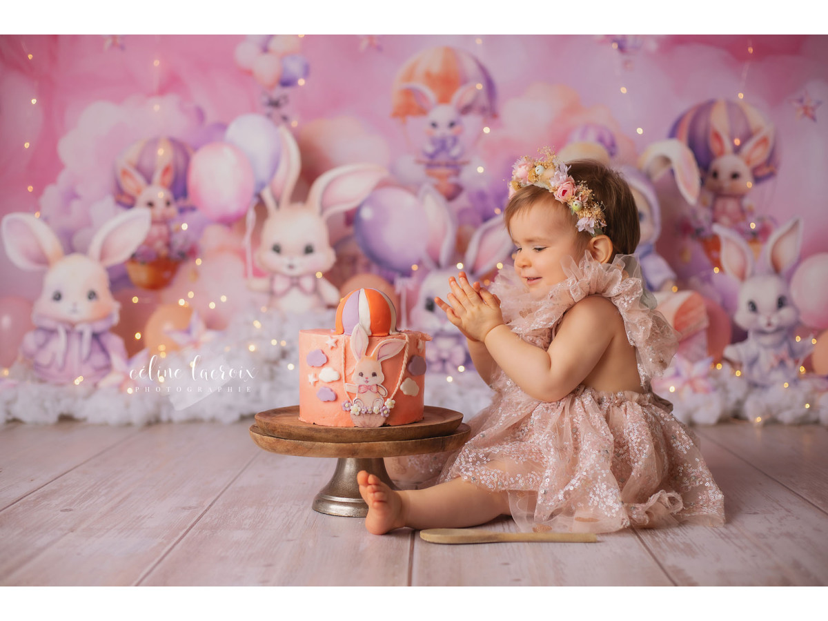 Fond photo bébé et smash cake Lapin des Nuages – lapins en peluche dans les nuages roses | Colors&Drops